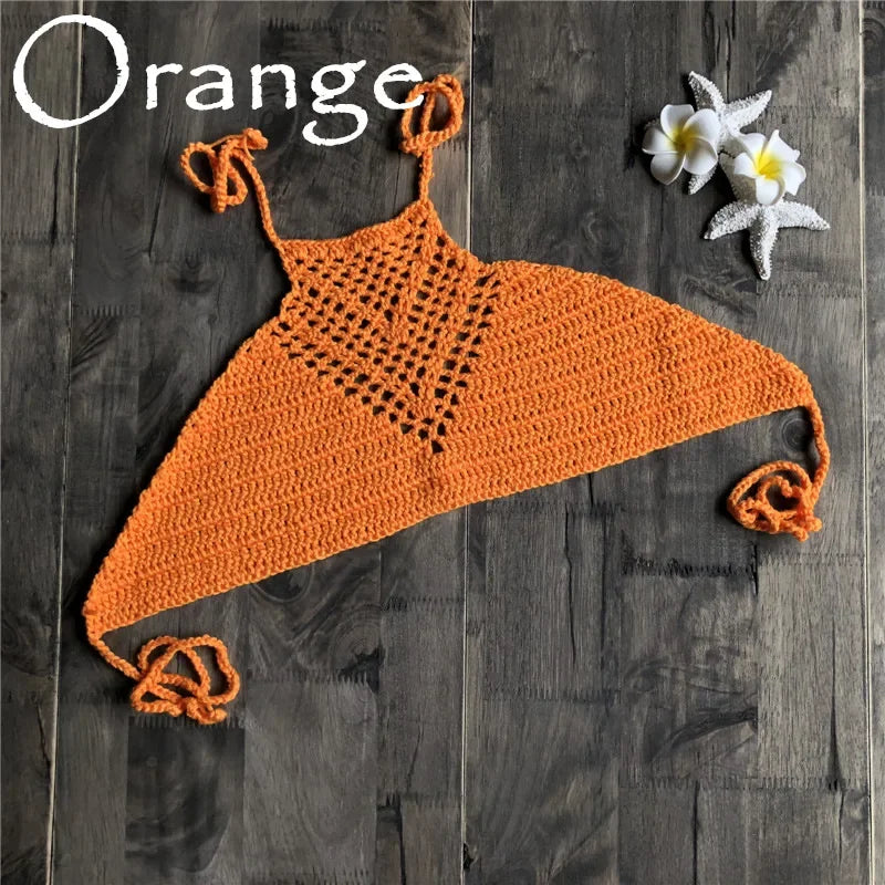 Hand Crochet Bikini Womens Sexy Beach Handmade Crochet Wrap Neck Bikini Bra Swimwear Swimwear Beachwear Womens Tops Oasis Select Orange One Size