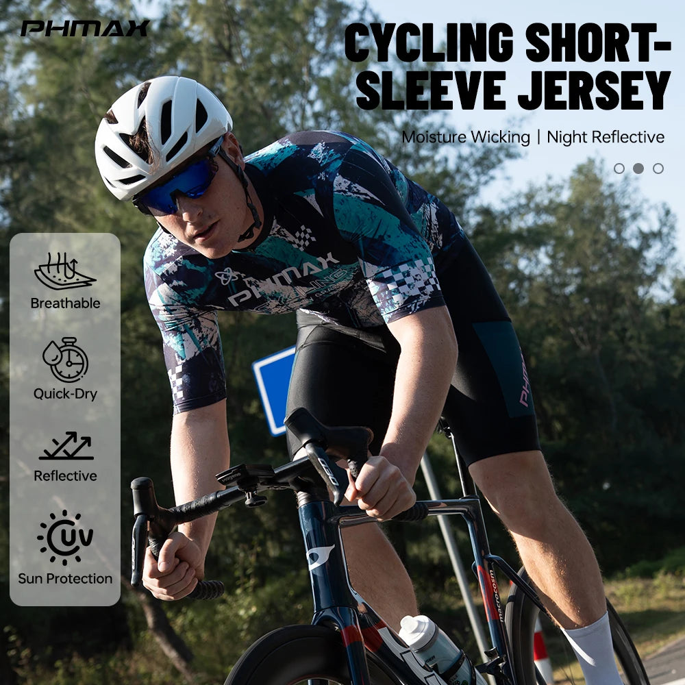 PHMAX Men Mountain Bike Jersey Short Sleeve Cycling Jerseys with 3 Pockets Cycling Racing Jersey Full-Zip Design Biking Clothing Oasis Select