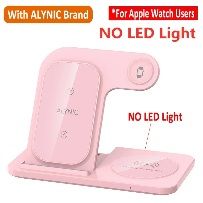 3 in 1 Wireless Charging Station for Apple Devices Foldable Fast Charger Stand for iPhone iWatch AirPods Pro with Night Light Oasis Select ALYNIC Pink
