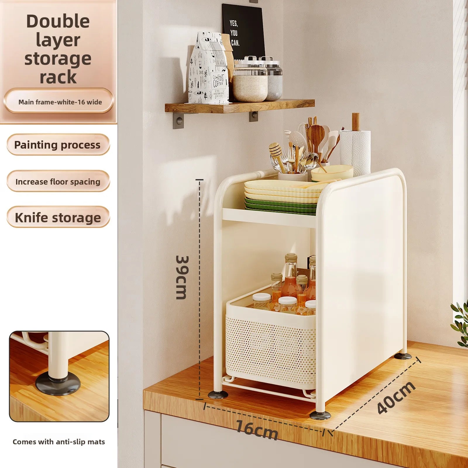 Kitchen seasoning rack Narrow slot seasoning tank Storage rack Side magnetic hanger Pull-out countertop storage cabinet Oasis Select White 2 small