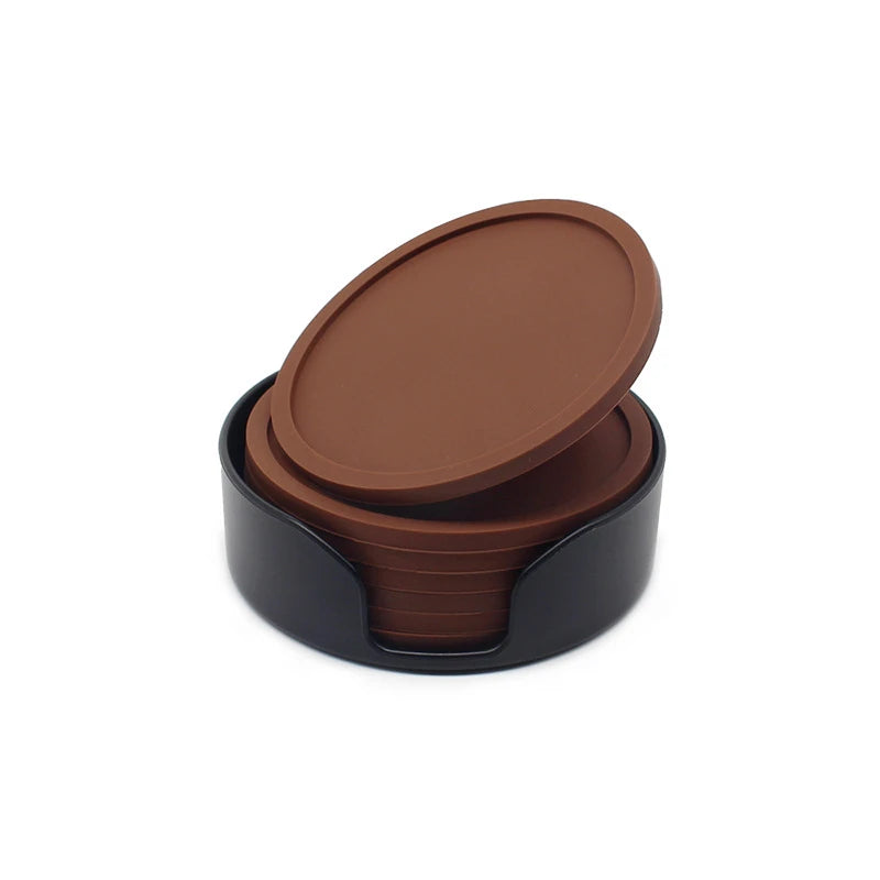 6pcs Non-slip Silicone Drinking Coaster Set Holder Cup Coaster Mat Set Round Coffeee Cup Mat Set Black Tabletop for Home Kitchen Oasis Select Brown 6 mat and 1 bracket Round
