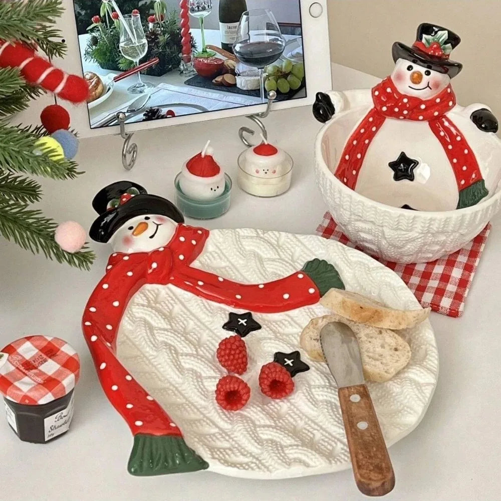 3D Snowman Pattern Plate Ceramic Dinner Plate Bowl Creative Painted Tableware Christmas Dessert Candy Tray Holiday Decor Gift Oasis Select