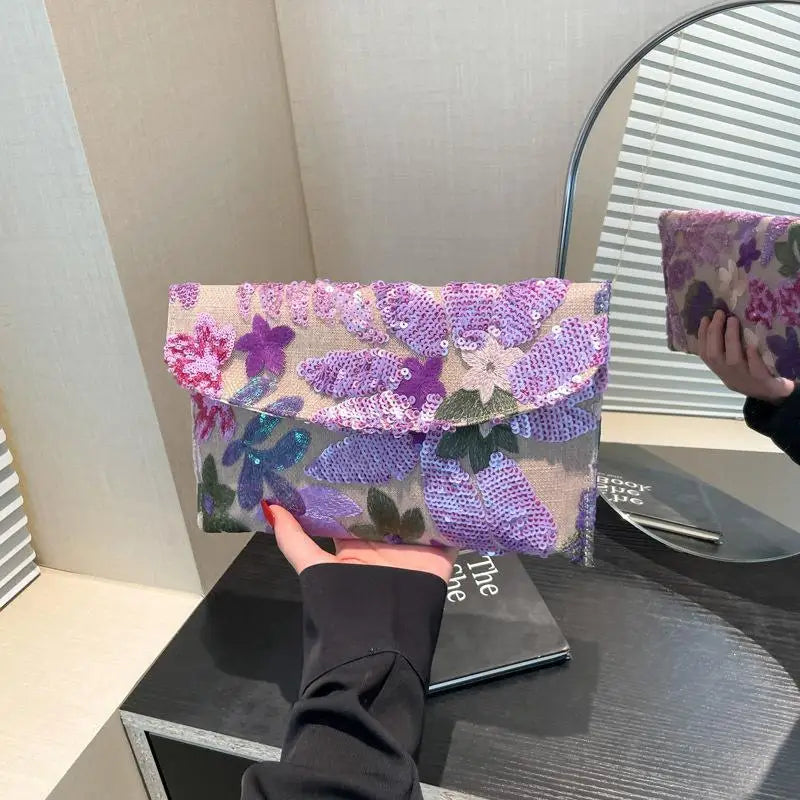 Sequin Floral Embroidery Evening Clutch Bag | Glitter Party Purse