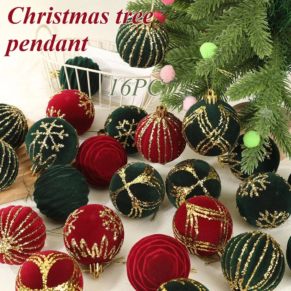 16-Pack Velvet Flocked Christmas Ball Ornaments – Red & Green 6cm