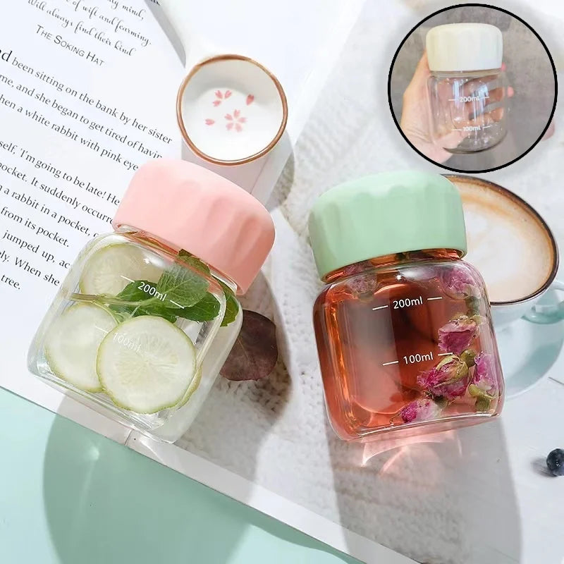 300ML Small Glass Water Bottles with Lid Portable Cute Mini Cylindrical Solid Color Leak Proof Water Cup Student Drinking Bottle Oasis Select
