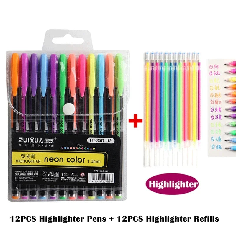 12/24Pcs Metallic Glitter Colors Gel Pens For School Office Adult Coloring Book Journals Drawing Art Markers Promotion Pen Oasis Select 12pc pen 12 Refill A