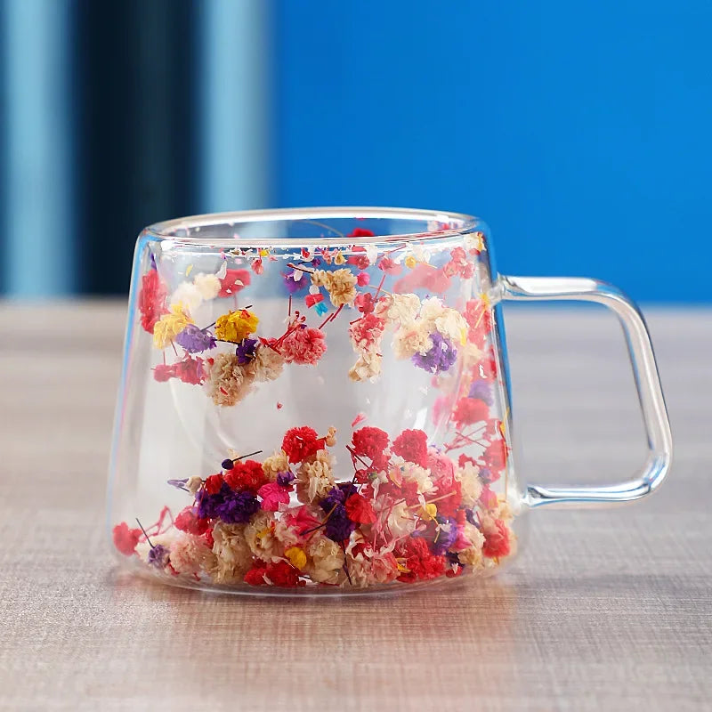 Petal Quicksand Coffee Cup High Appearance Level Dried Flower Real Flower Double Creative Drink Milk Glass Oasis Select B 200ML