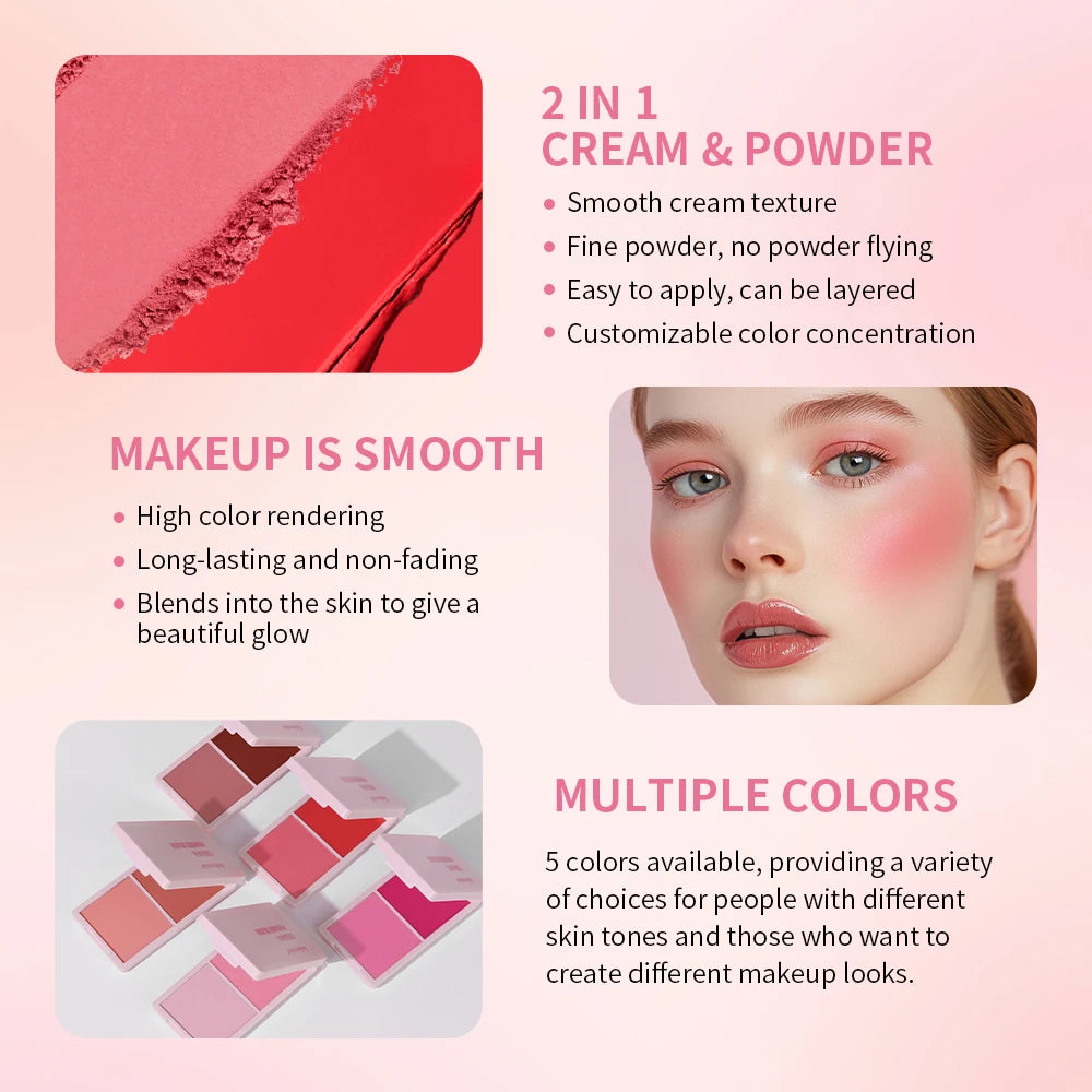2in1 Cream & Powder Blush Matte Dewy Rosy Blush Makeup Pan Long-lasting Wearing High Pigment Natural Matte Blush Palette Oasis Select