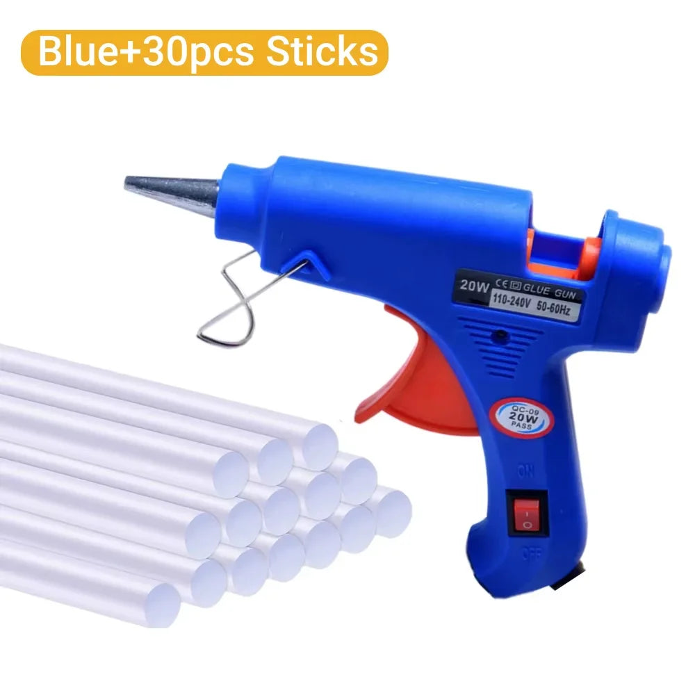 20W Hot Melt Glue Gun DIY Mini Household Industrial Guns Heat Temperature Thermo EU Electric Repair Tool Use 7mm Glue Sticks Oasis Select blue with 30pcs 20W EU