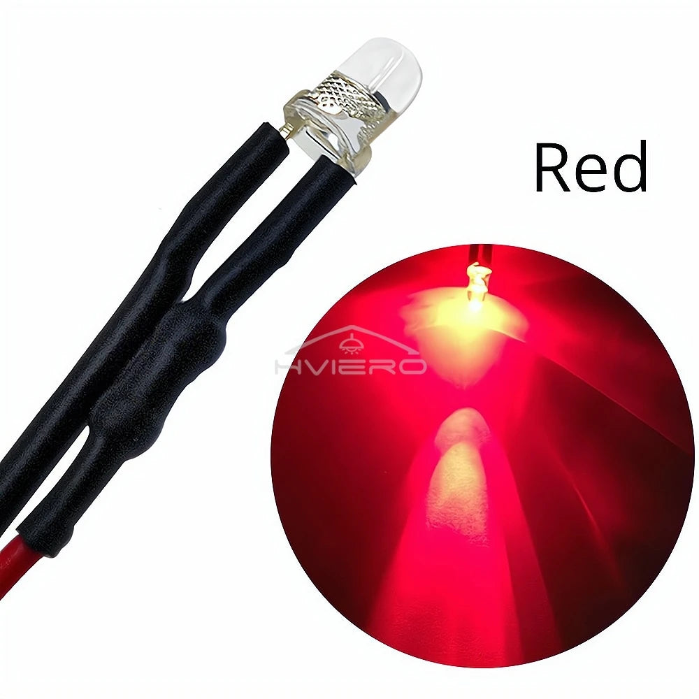 10-Pack 3mm Pre-Wired LED Bulbs DC 12V Water Clear Round Top