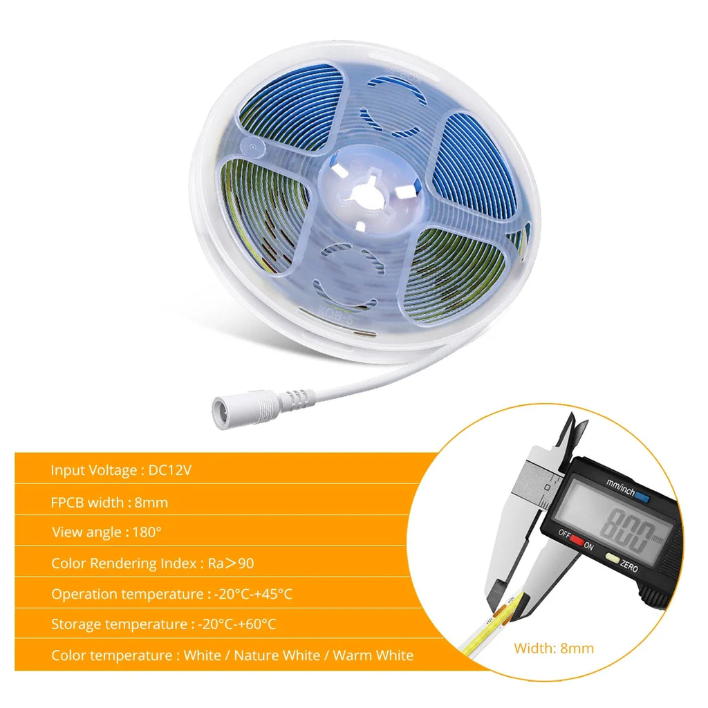 Flexible FCOB COB LED Strip Light 320LEDs/m DC12V 8MM Lamp Tape CRI90 Led Lights for Room Kitchen Decor DC Female Port Only Tape Oasis Select