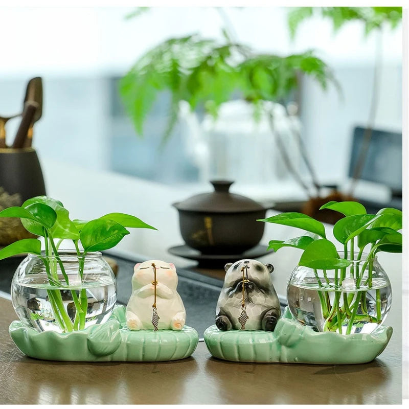 Lovely Animal Shaped Hydroponic Vase Panda & Fortune Frog Ornament Creative Desktop Decor for Home & Festival Gift Oasis Select