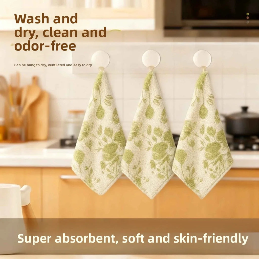 10pcs Kitchen Dish Cloth Cleaning Towel Coral Material Green Rose Pattern Wash Wipe Table Countertop Stove Sink Home Use Oasis Select