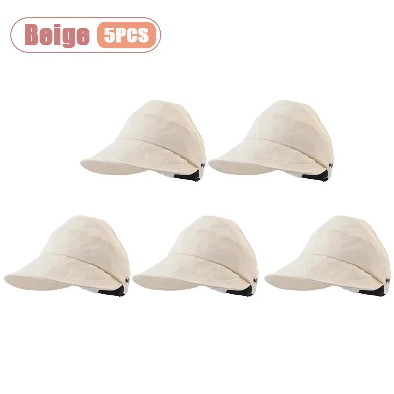 1-5PCS Women‘s Summer Sun Protection Hat Visor Face Cover Bucket Cap Korean Style Baseball Hat for Outdoor Beach Travel Oasis Select Beige-5PCS