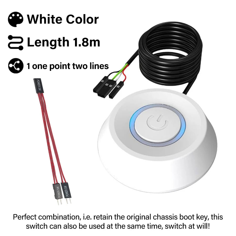 Computer Desktop Switch 1.8M LED Lights PC Motherboard External Start Power On/Off Push Button Extension Cable For Home Office Oasis Select White with extension