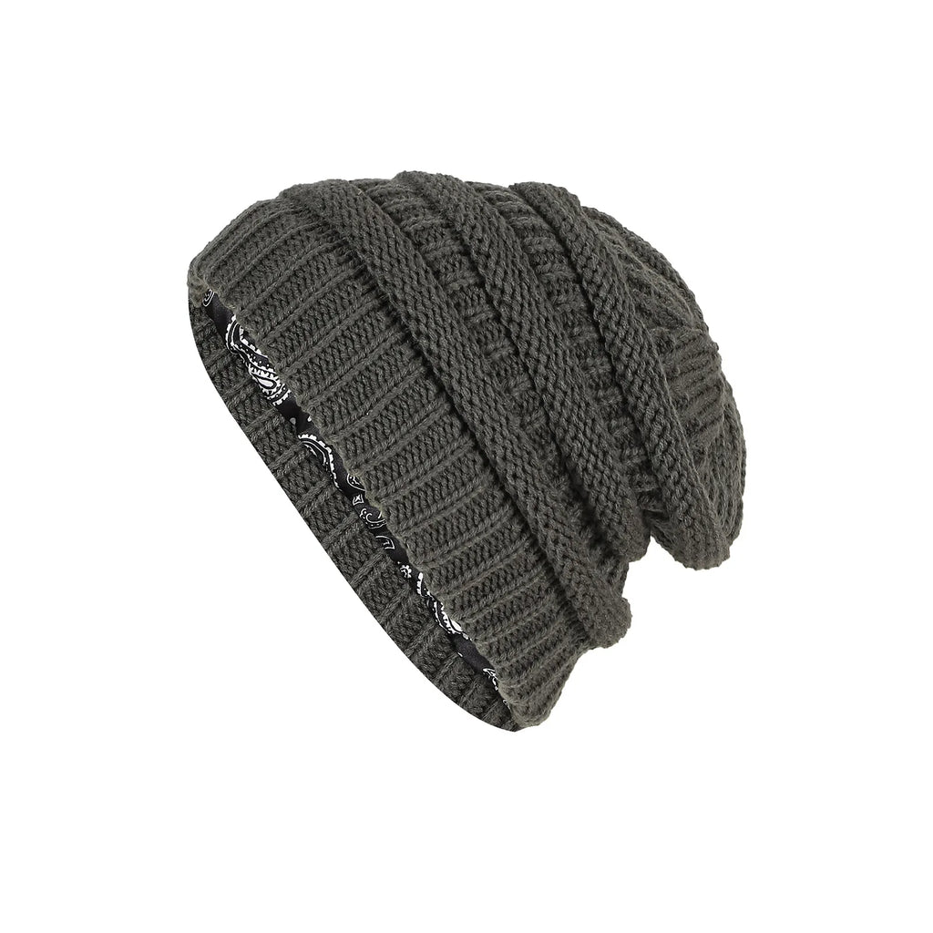 Winter brimless hat with satin lining, twisted flower knit thick skull warm hat, cashew print lining Oasis Select Dark Grey