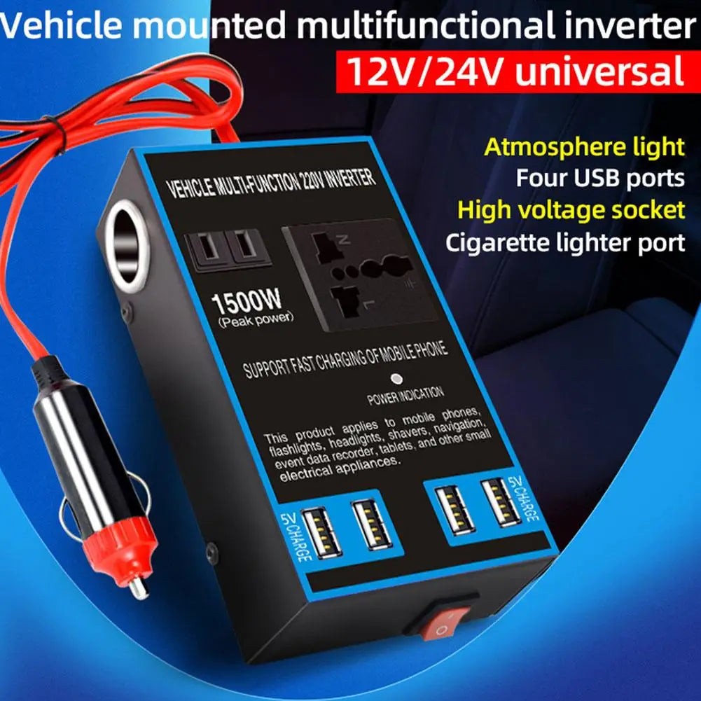 1500W Car Power Inverter 12V/24V to 220V – 4 USB & AC Ports