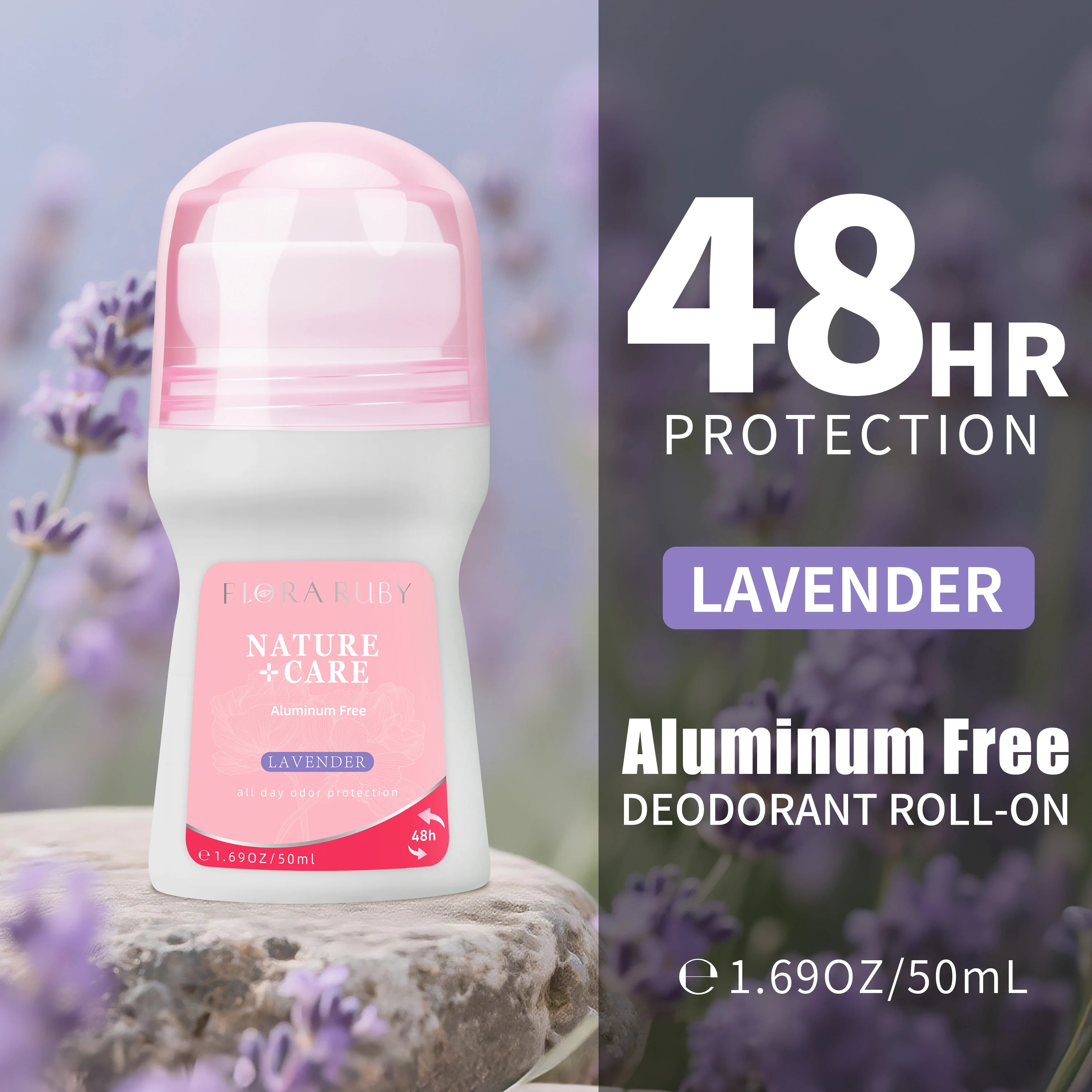 Flora Ruby Light Pink Series Deodorant Roll On Women All-Purpose Deodorant Roll Aluminum Free Easy to Carry Oasis Select Lavender