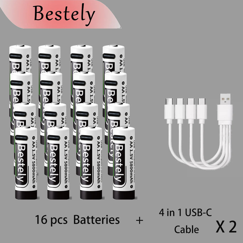 Bestely USB 1.5V AA 5800mAh Lithium ion Rechargeable Battery, AA Fast Charging Li-ion Akku , 2000 Cycle with USB- C Port Cables Oasis Select 16 pcs batteries