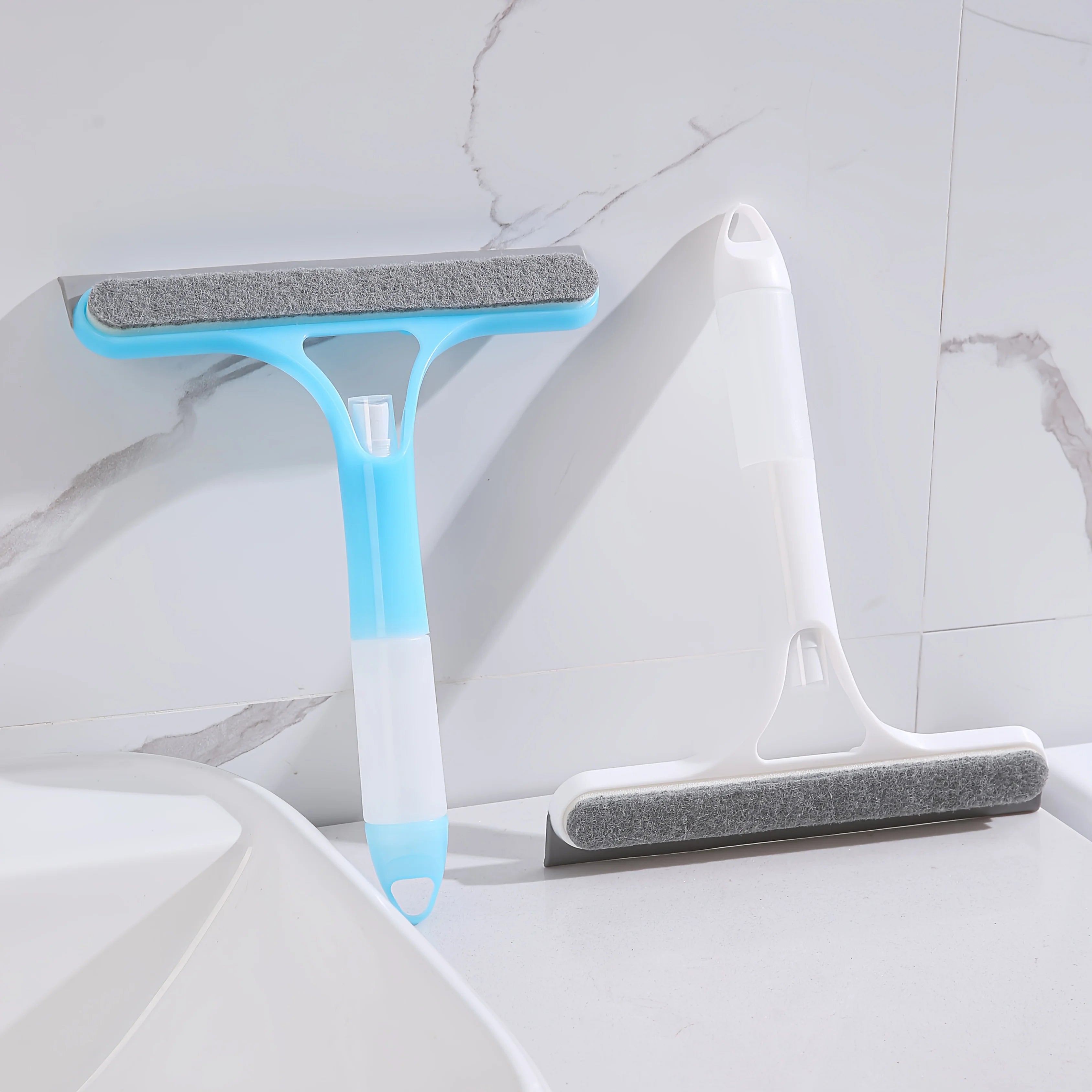 3-in-1 Glass Cleaning Tool for Home Bathroom Mirror and Windows, Water Wiper Squeegee for Shower and Glass Surfaces Oasis Select blue and white