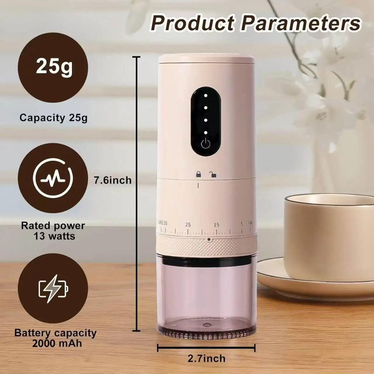 New Portable Electric Power Display Coffee Bean Grinder 38 Gears External Adjustable USB 2000mAh Household Mini Coffee Machine Oasis Select Beige Power display