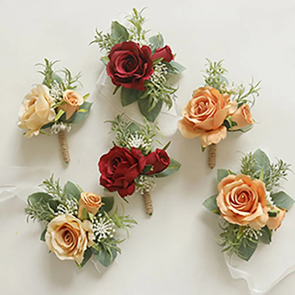 Wedding Artifical Flowers Silk Rose Boutonniere Ribbion Wrist Corsage Botonier Para Novio Boda Oasis Select