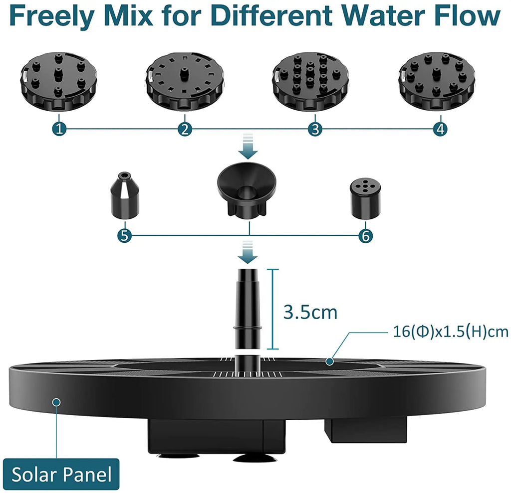 1.5W Solar Fountain Pump, with 6 nozzles Solar Bird Bath Fountain, Water Pump Floating Fountains Suitable for Ponds Oasis Select