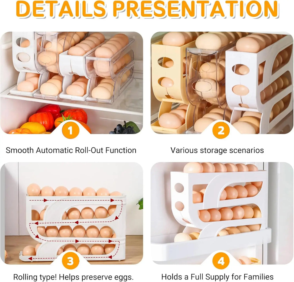 4-Tier Rolling Egg Holder Egg Etorage Space-Saving Auto-Feed Egg Container for Refrigerator Eggs 18 Count Kitchen Organizer Oasis Select