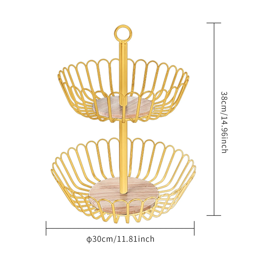 Kitchen double-layer fruit basket removable wooden bottom fruit plate hand basket living room wrought iron candy snack plate Oasis Select Gold ring