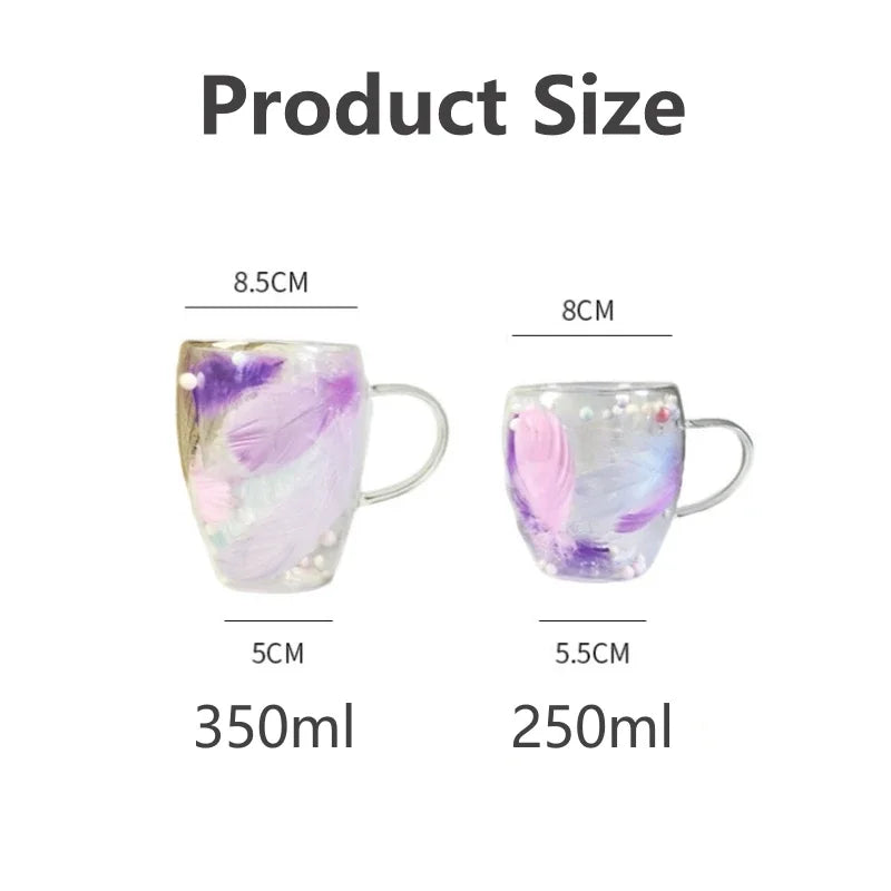 250/350ML Double Wall Coffee Mug with Handles Clear Milk Cups Gifts Glass Cup Household Office Fill Simulation Feather Teacup Oasis Select