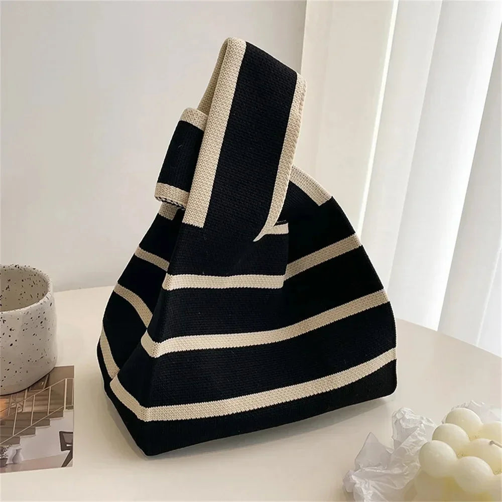 Women Handmade Knitted Small Handbag Casual Wrist Bag Wide Stripe Stripe Shopper Mini Tote Student Reusable Shoulder Bag Oasis Select black