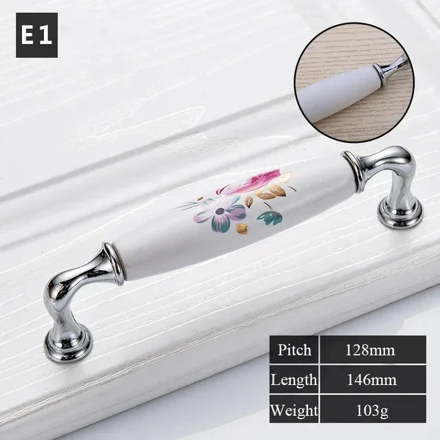 Tulip Ceramic Door Handle Silver Drawer Pulls Vintage Flower Cupboard Kitchen Cabinet Handles and Knobs Furniture Hardware Oasis Select A-128mm