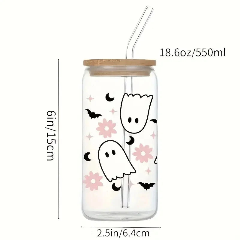 Halloween Drinking Cup with Lid and Straw 18.7oz/550ml Canned Glass Cup Cute Kawaii Coffee Cup Juice Water Cup Milk Oasis Select