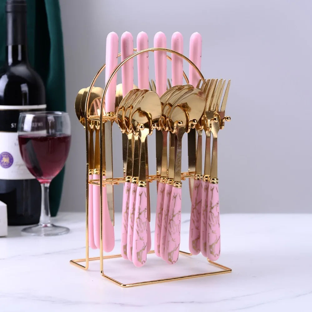 24-Piece Marbled Stainless Steel Cutlery Set with Storage Rack Cutlery Flatware Set Oasis Select Pink