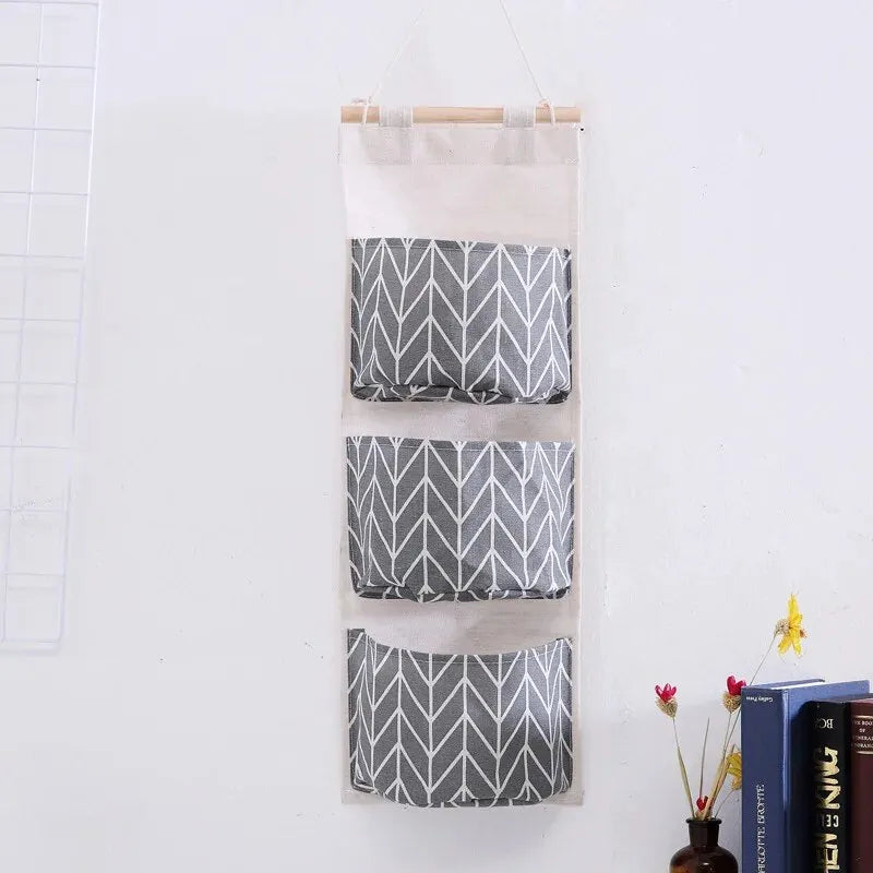 Cotton Linen Wall Hanging Storage Bag – 3-Pocket Organizer Wall Hanging Organizer Oasis Select Gray