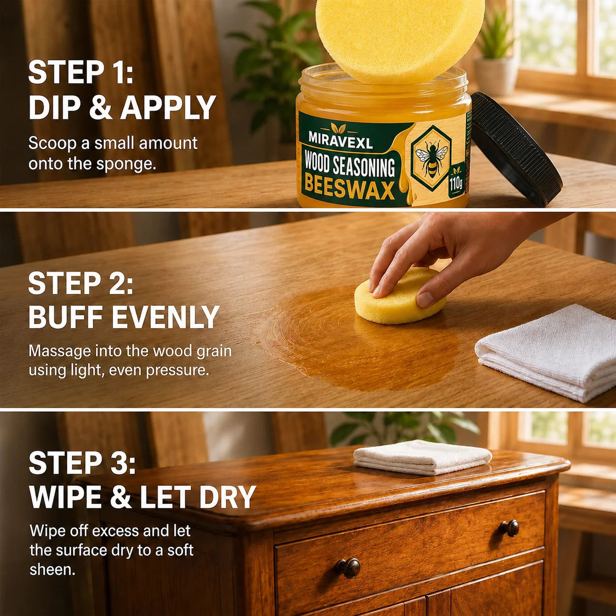 Wood Seasoning Beeswax 30g/110g Furniture Polish Wax Kit with Sponge 10 Lazy CleaningGloves for Wood Care Maintenance Clean Kit Oasis Select
