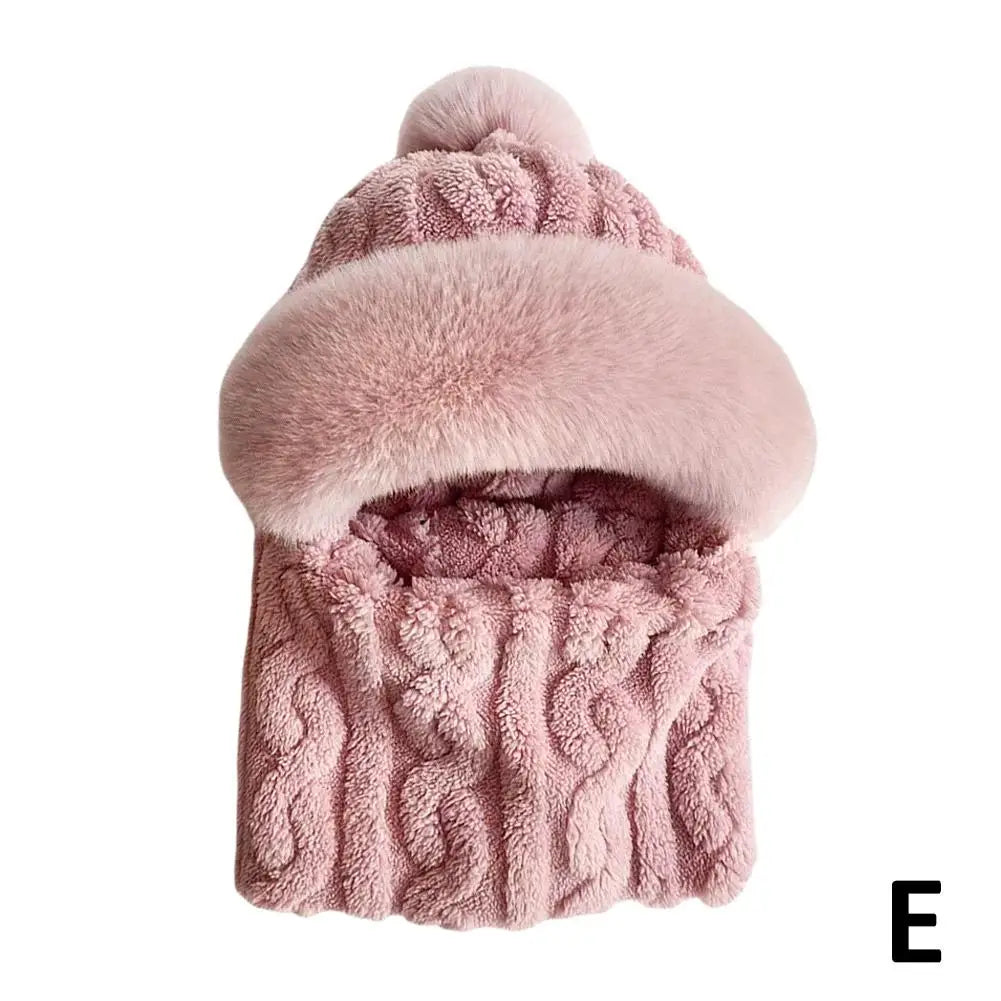 Winter Scarf Set Hooded for Women Plush Neck Warm Russia Outdoor Ski Windproof Hat Thick Plush Fluffy Beanies Cycling Cap Oasis Select Pink One size