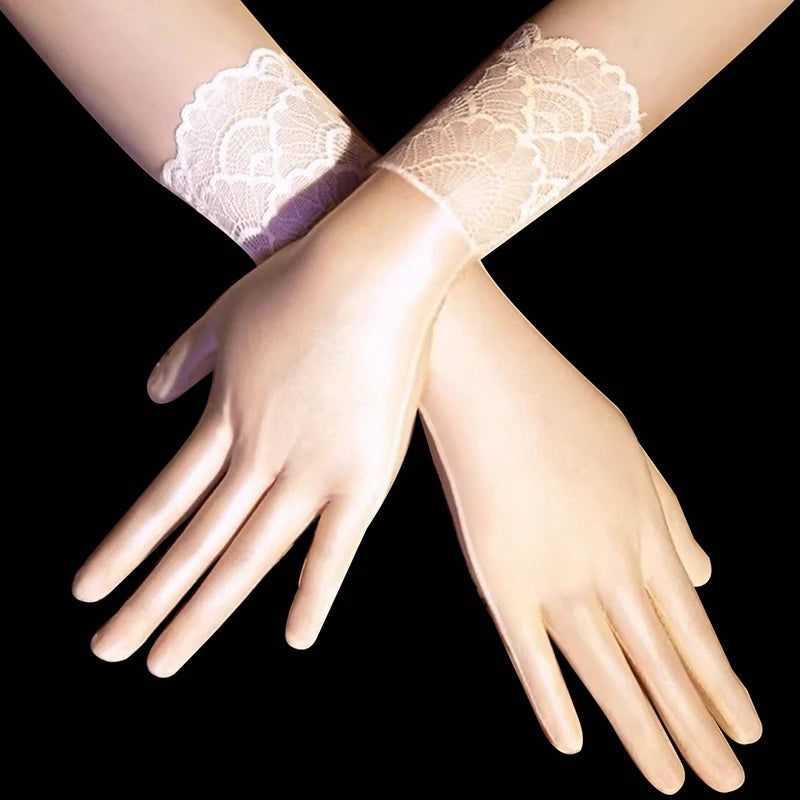 Women Oil Glossy Tight Stocking Gloves Sexy High Elastic Transparent Ultra-Thin Clubwear Short Wrist Gloves Oasis Select skincolor lace trim