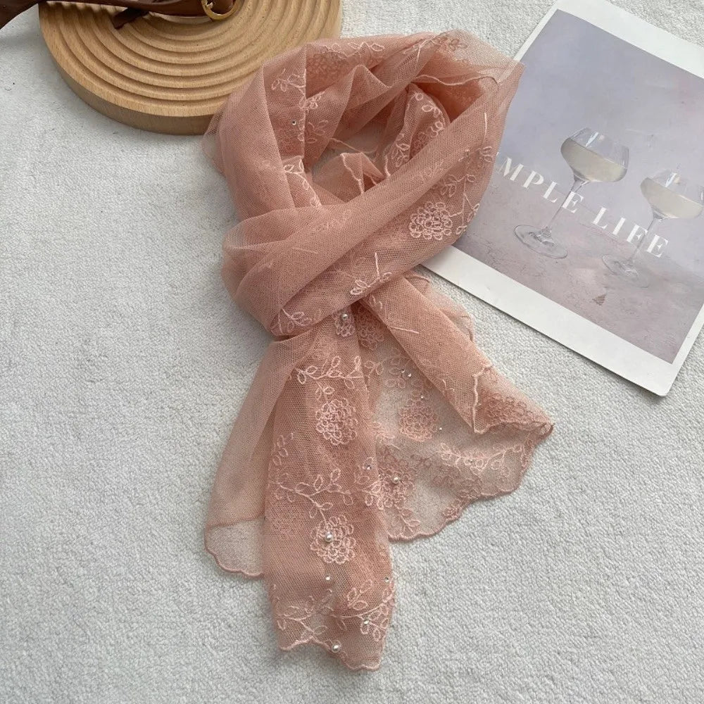 Retro Lace Long Scarf Embroidered Flower Small Flower Headscarf Tide Long Thin Neckerchief Spring and Summer Oasis Select Pink
