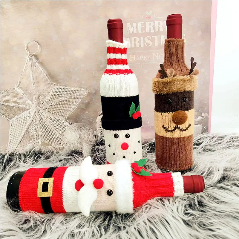 Christmas Knitted Wine Bottle Covers with A Snowman and Reindeer Atmosphere for Table Decoration Oasis Select