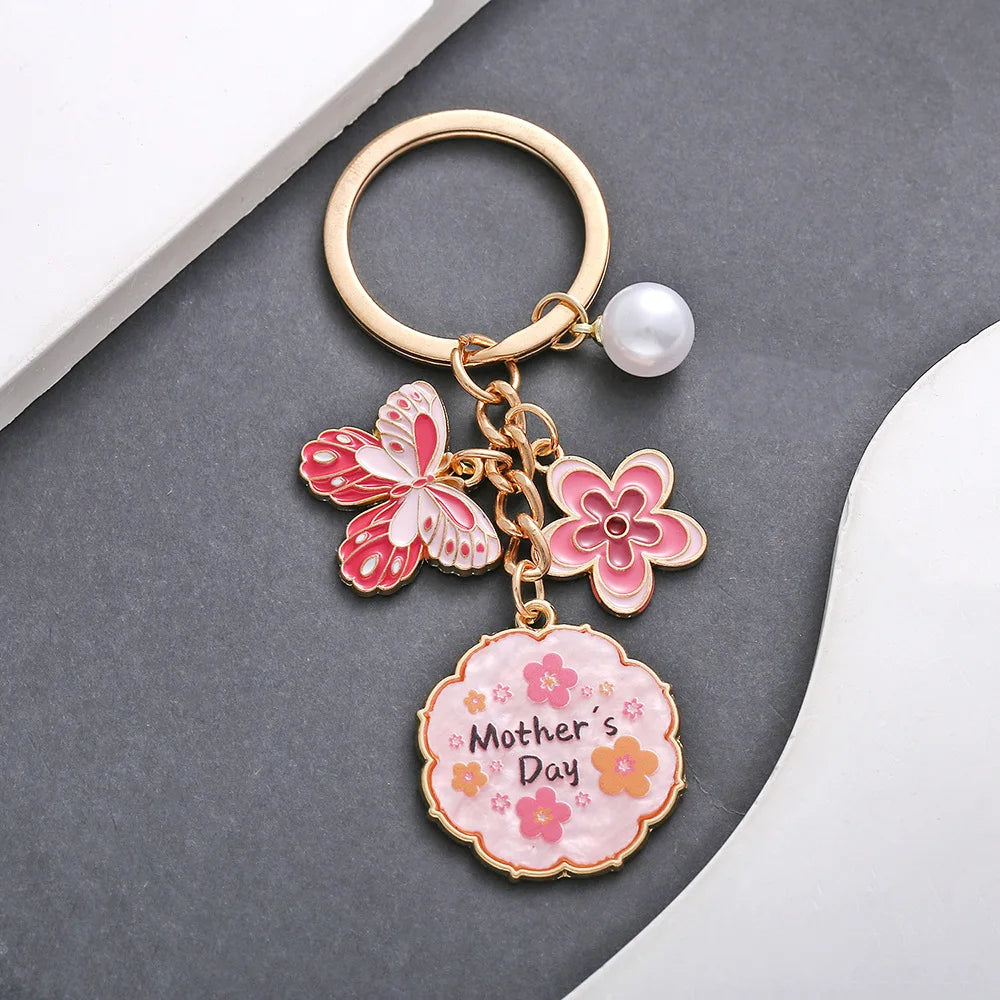 Drop Oil Pink Butterfly Flowers Pearl MOTHER'S DAY Keychain Accessory Pendant Mother's Holiday Gift Key Chains for Women Oasis Select