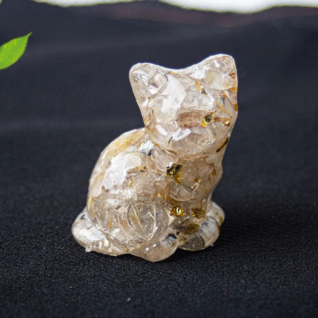 Natural Crystal Gravel Resin Sitting Turning Face Cat Figurine With Gold Foil Cute Desktop Decor For Home Office Oasis Select Clear Light Gold