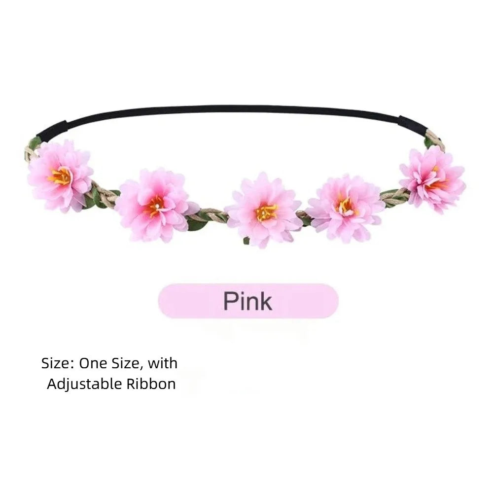 Pink Rose Floral Wreath Crown Hand Woven Adjustable Ribbon Bohemia Garland Headpiece Vintage Elegant Wedding Hair Accessories Oasis Select