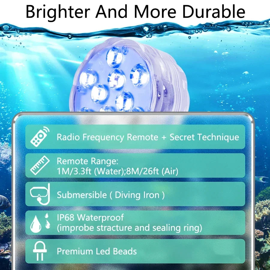 RGB Submersible LED Lights – 10 LED, IP68, Remote Control Underwater LED Light Oasis Select