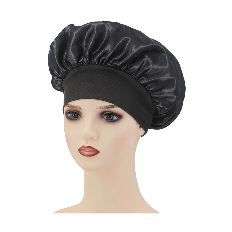 1 Large Satin Headband, Silk Headband for Sleeping, Sleeping Hat with Elasticized Soft Strap, Women's Hair Care Shower Cap Oasis Select Black1PCS