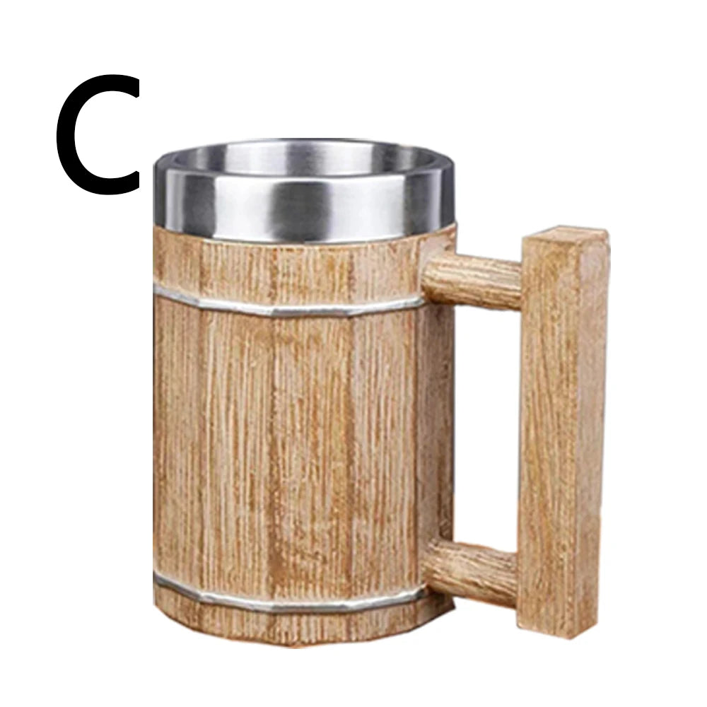 Wooden Barrel Beer Cup Stainless Steel Coffee Mug Viking Style Vintage Beer Mug Double Wall Drinking Cup Halloween Bar Drinkware Oasis Select C 600ml