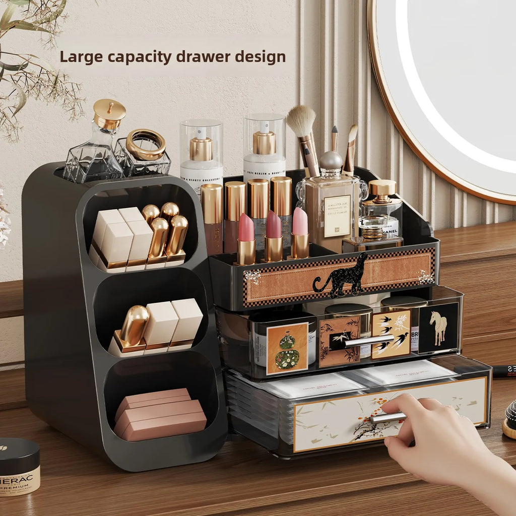 Dressing Table Storage Box Desktop Antique Style Cosmetics Dust-proof Drawer Style Organizing Box Lipstick Storage Rack Oasis Select