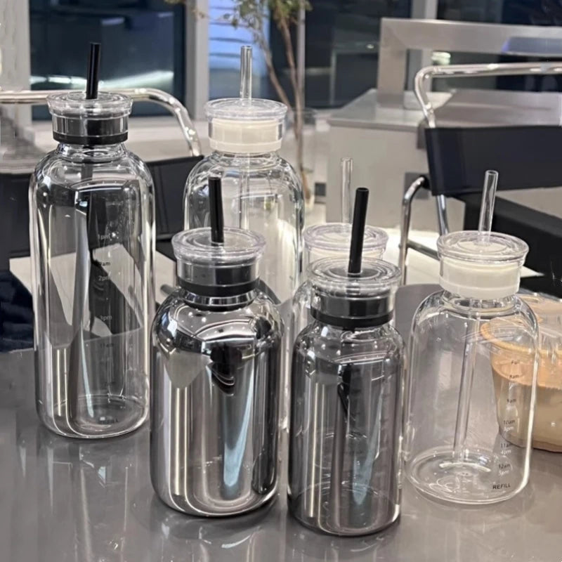 300/500/750ml Large Glass Water Bottle with Straw 2 Lids Clear Kawaii Drinking Bottle Leakproof Iced Coffee Cup for Woman Girl Oasis Select