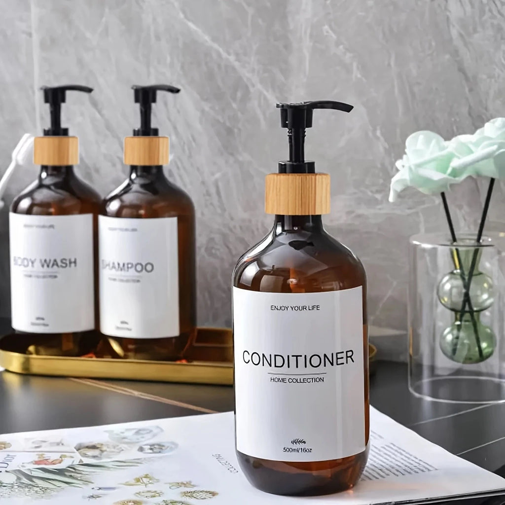 Bathroom Shampoo Dispenser Set 500ml Conditioner Body Wash Bottles Refillable Dispenser Farmhouse Decoration Storage Bottles Oasis Select