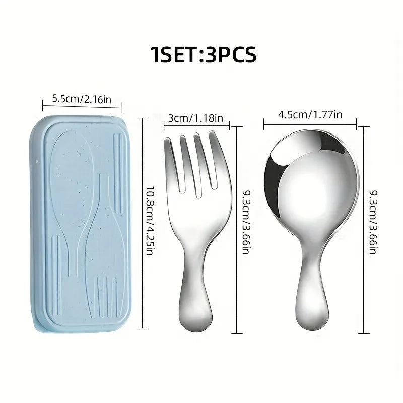 3pcs Portable Cutlery Set, Stainless Steel Short Handle Round Head Spoon, Mini Spoon and Fork Set Boxed Oasis Select silvery